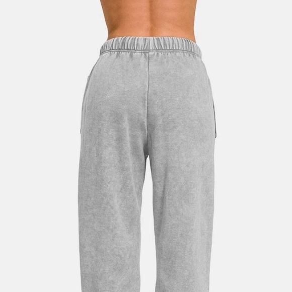 New Zenana Acid Wash Fleece Drawstring Sweatpants Grey Pockets Joggers - Picture 2 of 4